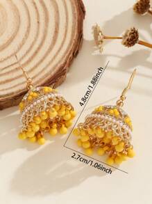 1 Pair Casual Beaded Style Hollow Drop Earrings, Decorated With Tassel & Bells, Suitable For Women's Daily Wear, Festivals, Weddings And Parties/Jewelry Gifts