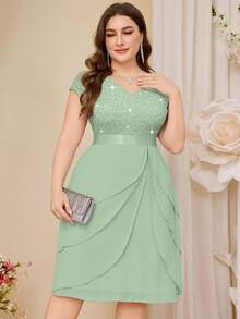 Plus Sequin Lace V Neck Ruffle Trim Chiffon Hem Semi Formal Party Swing Dress - Mint Green - View 6
