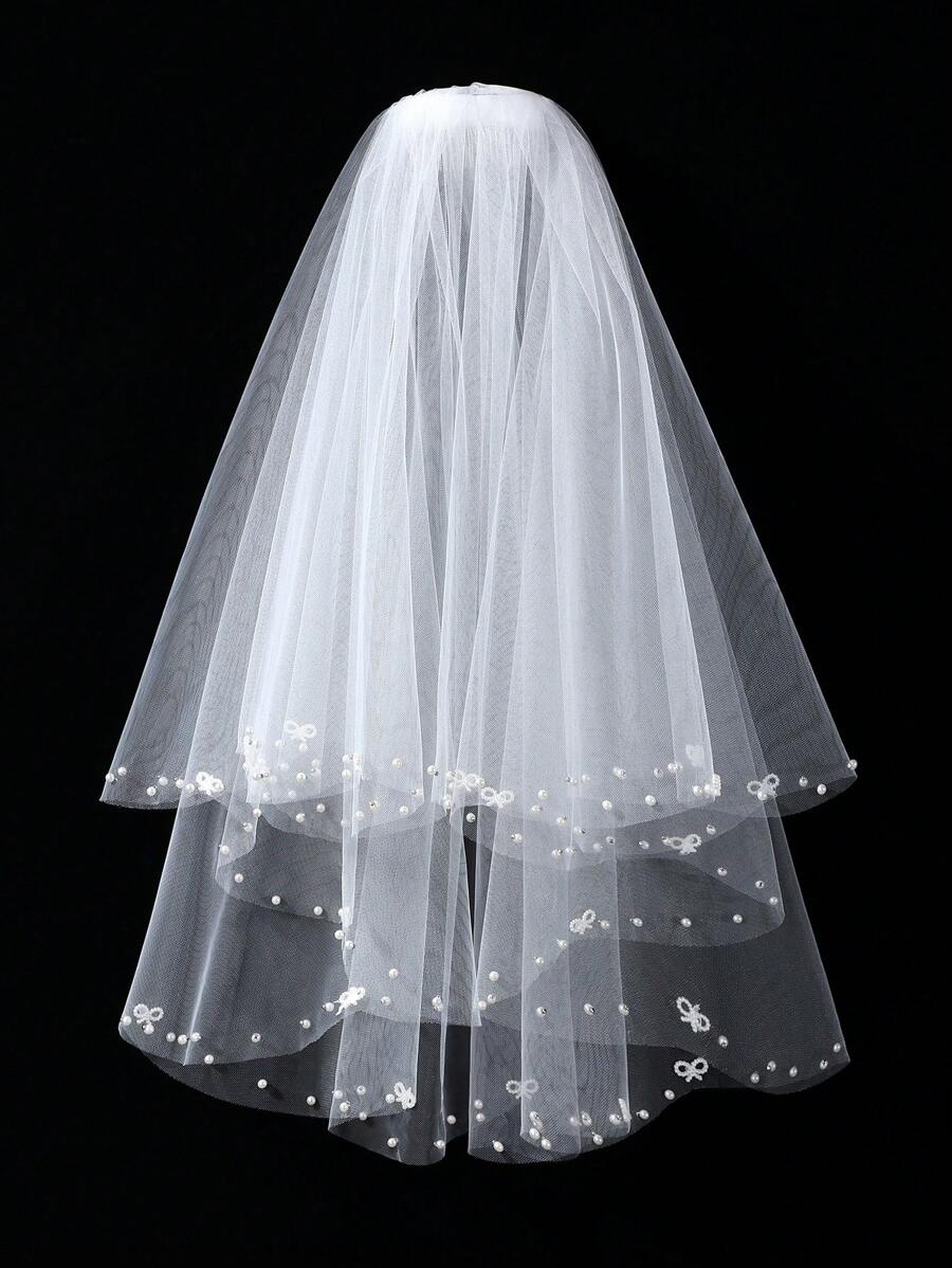 优雅白色新娘头纱，饰以仿珍珠，及肩长度，适合女士婚礼
