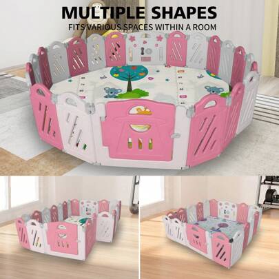 Baby Playpen Foldable Playard For Baby And Kids, Adjustable Shape Play Fence With Safety Lock Gate,Pink+White