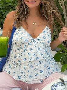 Women's Maternity Camisoles Spaghetti Straps Floral Pattern Ruffled V Neck Crop Tank Tops For Summer - 藍色 - 查看 3