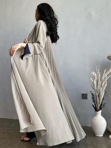 阿巴雅长袍女装穆斯林长袍优雅连衣裙，欧式和迪拜风格，端庄的开斋节装扮 - 杏色 - 查看 3