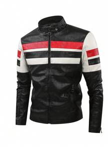 Men's Spring Stand Collar Leather Windbreaker Casual Jacket - Black - View 2