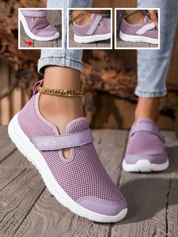 Women's Simple Style Breathable Mesh Hook And Loop Closure Casual Sports Shoes, Suitable For Outdoor Leisure Activities