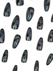 24 piezas - Pegatinas de uñas en forma de almendra de rosa negra con borde negro, con relieve, para otoño e invierno - Uñas negras, adecuadas para que mujeres y niñas creen sus propios diseños de uñas. Producto de cuidado de uñas, para realzar tu sentido de la moda. Decoración de uñas.