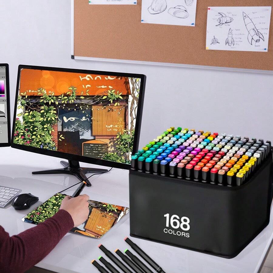 120 Color Marker Pen Set, Double-Ended Midpoint, Lightweight Plastic, Cube, Caricature, Office, Party, Educational Supplies Marker Pen Graffiti Drawing Art Supplies - Black - View 1