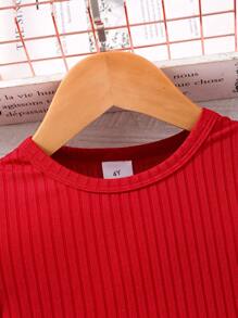 Young Girl Solid Color Ribbed Short Sleeve Top + Heart Mesh Skirt 2 Pieces Set Heart Crossbody Bag, Summer - Red - View 4