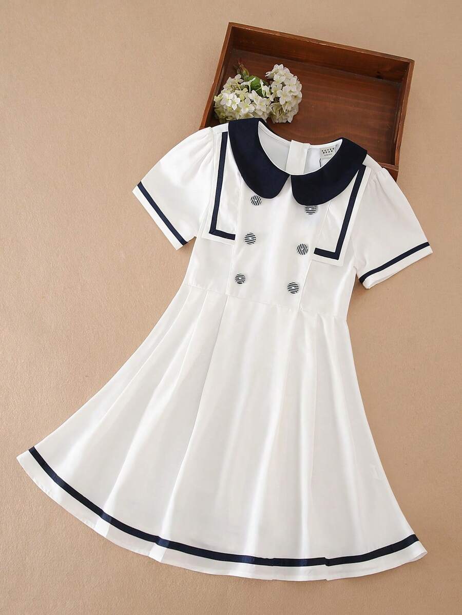 Tween Girls College Style Contrast Color Short Sleeve Dress, Back To School Tween Girl, Summer - White - View 1