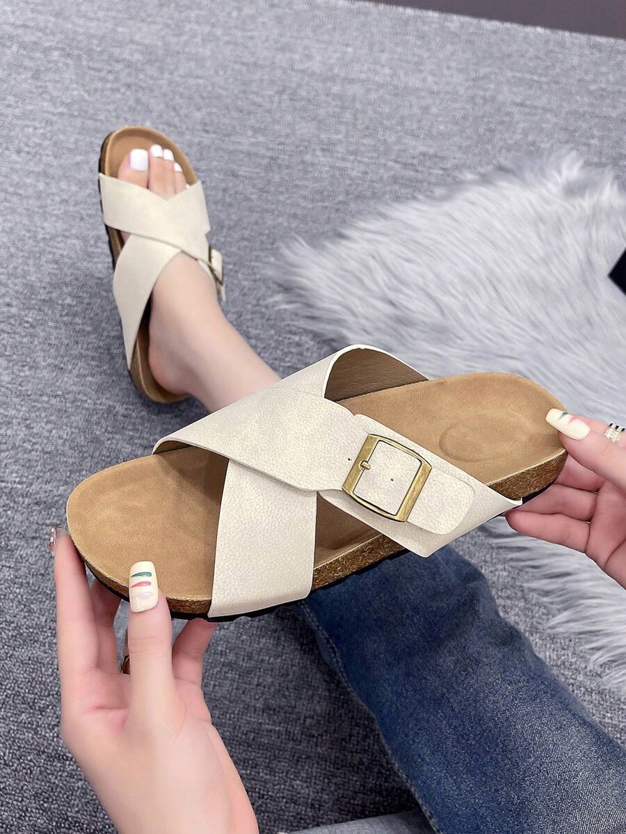 Vintage Sommer Dickesohle 2025 Neue Damen Weiche Kork Kreuzriemen Slide Sandalen, Lässig Strandpantoffeln