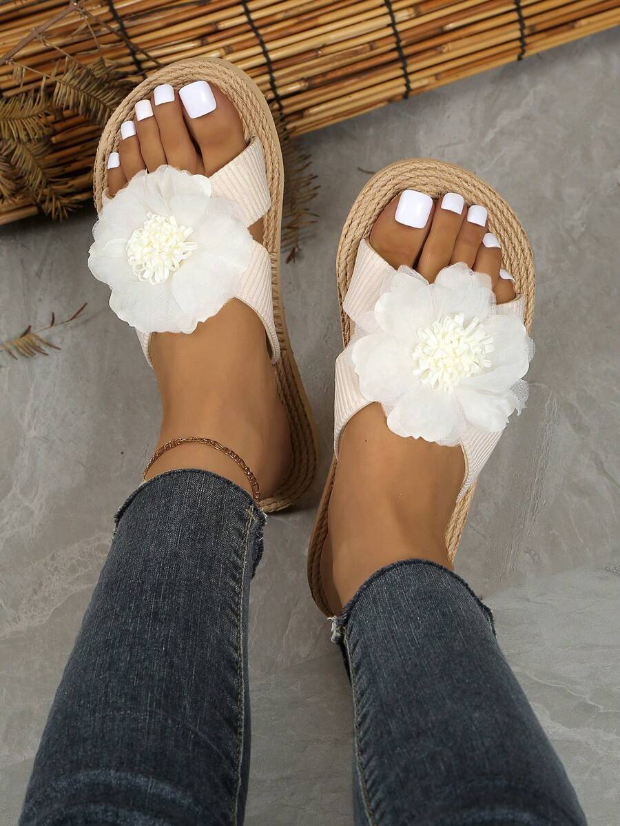 女士手工花绳编织平底凉鞋，休闲夏季沙滩人字拖鞋 - 米色 - 查看 1