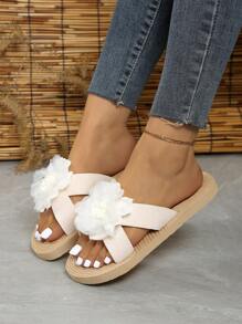 女士手工花绳编织平底凉鞋，休闲夏季沙滩人字拖鞋 - 米色 - 查看 5