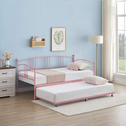 KYBOLT Twin Daybed With Trundle, Metal Twin Size Daybed With Pullout Trundle 6 Casters, Steel Slat Support Sofa Bed For Living Room, Bedroom, Guest Room, No Box Spring Needed, White