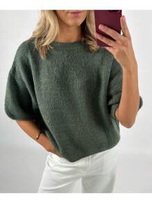 Women's Spring Autumn Knit Sweaters Half Sleeve O Neck Solid Color Casual Knitwear - Army Green - View 2