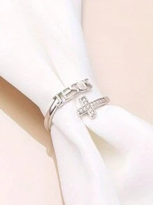 1枚可调节锌合金水钻十字架及字母“I Can Do All Things”创意时尚耶稣戒指（女款） - 款 - 查看 3