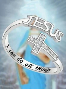 1枚可调节锌合金水钻十字架及字母“I Can Do All Things”创意时尚耶稣戒指（女款） - 款 - 查看 1
