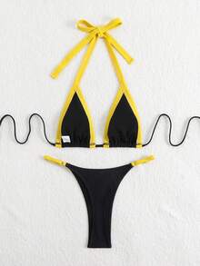 LUCKY HOLIDAY Fashionable Sexy Backless Bikini Set, Color Contrast Halter Design Swimwear, For Summer Beach Vacation - Yellow - View 3