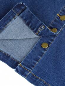 Women's Buttoned Elastic Waist Pockets Casual Denim Pencil Skirt - Blue - View 5