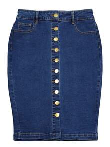 Women's Buttoned Elastic Waist Pockets Casual Denim Pencil Skirt - Blue - View 7