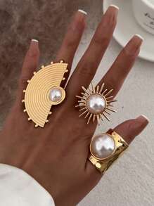 1 件不对称夸张多元素复古优雅时尚魅力合金镀金超大戒指配人造珍珠镶嵌，女士日常装饰珠宝，派对礼物