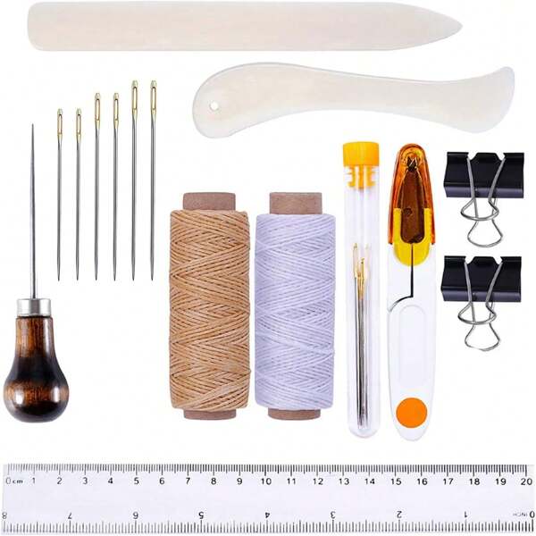Juego de encuadernación con herramientas, plegadora de huesos, plancha para doblar papel, hilo encerado, punzón, agujas de ojo grandes para encuadernación y costura DIY