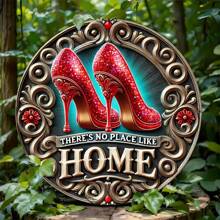 1pc Shiny Red High Heel Metal Iron Wall Art Sign, 7.8 Inches "There's No Place Like Home" Quote, Metal Wall Plaque For Home Decor, Farmhouse Wall Hanging, Women Gift, Room Door Garden Decor, Random Holes On Top, Bottom, Left And Right