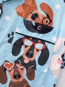 2 件套女士睡衣套装，可爱的腊肠犬印花，柔软的面料，适合节日派对的睡衣，舒适的短袖领扣衬衫和松紧腰短裤，时尚休闲装，适合户外和室内穿着，四季皆宜 - 淺藍色 - 查看 8