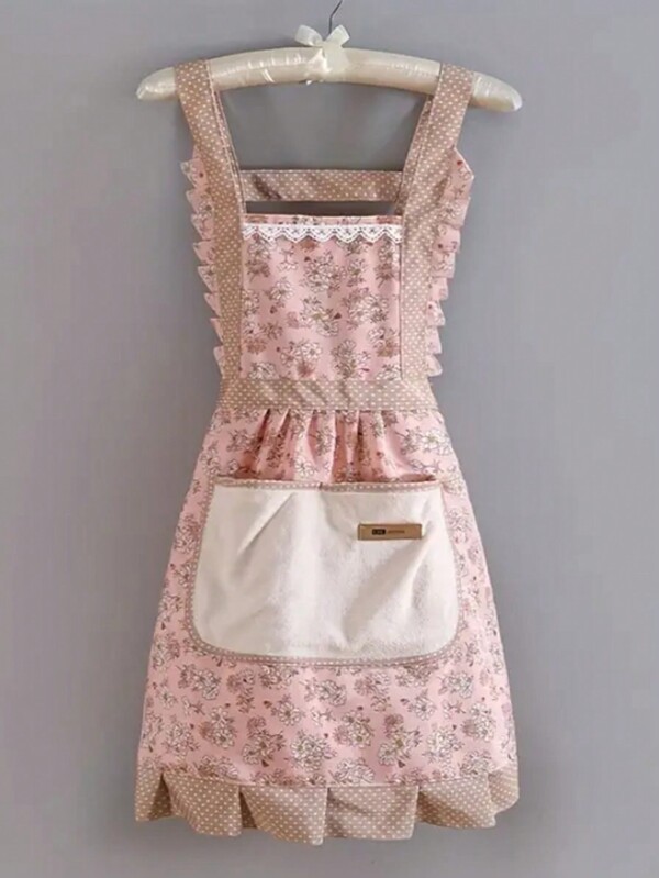 1pc/Floral Polyester Kitchen Apron With Pockets For Women - Perfect For Cooking & Christmas, Ultra-Soft Microfiber Lining