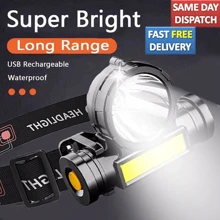 2xSuper Bright Waterproof Head Torch Headlight LED COB USB Rechargeable Headlamp - Black - View 2