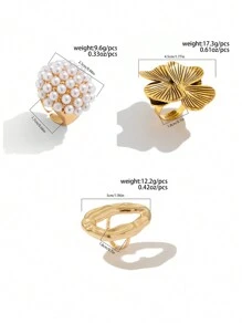 1pc Vintage Exaggerated Fashion Creative Asymmetrical Petals Leaves Pearl Inlaid Ring, Minimalist Metal Gold Thick Hollow Geometric Knuckle Rings, Suitable For Women's Daily Wear, Multiple Parties & Events Decoration, Holiday Gift, Clothing Matching