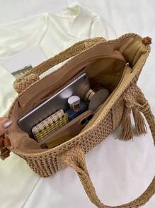 New Fashion Casual Vintage Handmade Woven Tote Bag, Fringe Decor Design, Large Capacity Beach Bag, Versatile Carry All Basket Bag, Unique Small Batch Design, Daily Use - Khaki - View 8