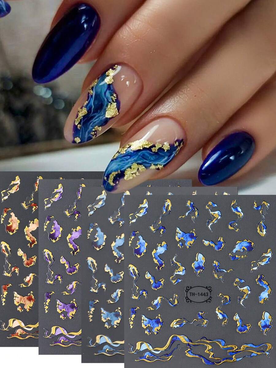 FULL BEAUTY Miếng dán & đề can nghệ thuật làm móng hình sóng in lá vàng nhiều sọc, màu xanh lam cẩm thạch, tím, nâu, hình học, hoa trừu tượng, miếng dán trang trí móng tay, miếng dán tự dính, đồ trang trí nghệ thuật làm móng, vật dụng làm móng, móng tay - Nhiều màu - Xem 1