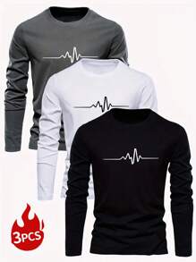 3 件套男士休闲字母印花长袖 T 恤，适合日常穿着、秋季、秋装 - 黑與白 - 查看 1
