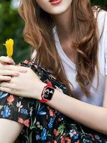 2pcs/Set Red Soft Comfortable Silicone Watch Band With Shining Rhinestone Decor & Hollow Watch Case, Compatible With Apple Watch Strap 38/40/41/42/44/45/46/49mm, For Apple Watch Series Ultra/SE/11/10/9/8/7/6/5/4/3/2/1, Smartwatch Accessories