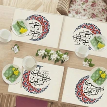 1/4 件家纺套装，斋月微风，带月亮图案的白色亚麻纺织品，红色和蓝色，尺寸 12 英寸 * 18 英寸，适合厨房和家庭节日场合的餐桌装饰 - 彩色 - 查看 6