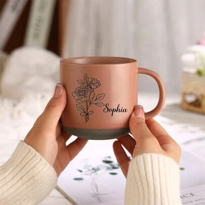 Custom Ceramic Coffee Mug, Birth Flower Pottery Mug With Name, Handmade Mug, Personalized Family Mug For Birthday, Christmas Gift For Her