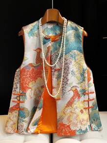 This 2026 Spring/Summer Flamingo Pattern Crew Neck Vest/Coat Is A Jacquard Sleeveless Tang-Style Top With An Open Placket, Delicate Chinese Knot Buttons, And Side Slits. It's In Asian Sizing, Non-Stretch, And Suitable For Holiday/Travel/Everyday/Casual/Social/Vacation Wear. - 彩色 - 查看 4