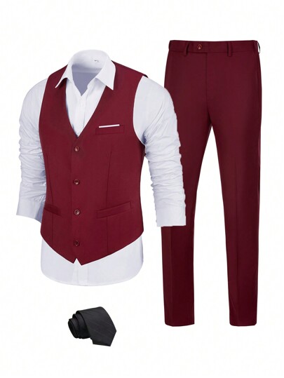 Costume 3 pièces pour hommes Furuyal, élégant, unicolore, coupe slim, gilet, pantalon, cravate, costume pour homme d', décontracté, mariage, soirée, promo, couleur bordeaux foncé, taille XS-3XL