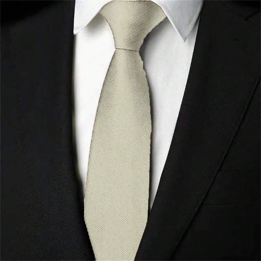 Slim Plain Twill Social Tie With Fine Lines - 香檳色 - 查看 1