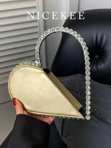 新款奢华风格女士晚宴包，时尚百搭，优雅心形水钻手提包，适合放置口红、零钱、手机等物品，是派对、宴会、舞会、婚礼等场合的理想之选，心形钱包，与情人节礼服完美搭配。 - 金色 - 查看 1