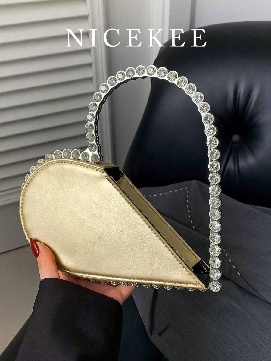 新款奢华风格女士晚宴包，时尚百搭，优雅心形水钻手提包，适合放置口红、零钱、手机等物品，是派对、宴会、舞会、婚礼等场合的理想之选，心形钱包，与情人节礼服完美搭配。 - 金色 - 查看 1