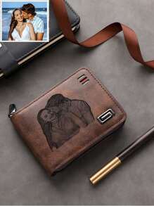 Customizable Engraved Photo Leather Wallet, Personalized Men's Wallet, Commemoration Gift For Father, Anniversary Gift For Husband, Valentine's Day Gift, Birthday Gift For Him Valentines