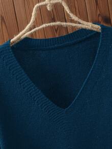 大码女式套头毛衣，休闲舒适V领无袖针织上衣 - 藏蓝色 - 查看 6