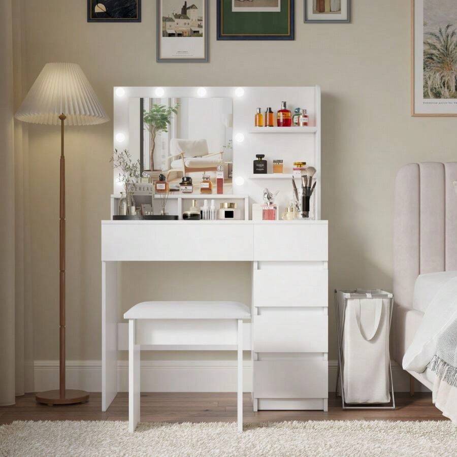 Vanity, Makeup Vanity Desk Set With Mirror & Light, Dressing Table Storage Lots With Power Strip, 3 Lighting Modes With Adjustable Brightness, 37 Inches  (White With Stool)