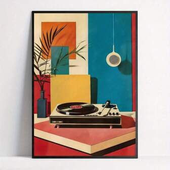 Mid Century Modern Vinyl Record Player Wall Art Print Poster - Musical Theme, Retro & Art Deco Style, Canvas Posters Wall Art For Home Decor Office Decor, Living Room Decor, Bedroom Decor- Optional Frame Portrait Canvas Poster For Indoor Decor, Ink Artwork, Spring & Winter Season, Wall Art With Frame