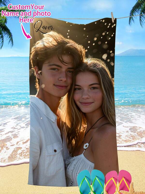 1pc Customized Photo Printed Super Soft Microfiber Beach Towel, Ideal For Couples, Friends, Family, Celebrities, Cartoons And Anime Designs, Suitable For Beach, Pool, Travel And Leisure Summer Holiday Bathroom Decor Beach Essentials,Sunny Journey