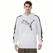 Puma 100% 纯棉连帽印花针织透气宽松运动服，舒适户外健身跑步休闲连帽衫情侣套装 - 白色 - 查看 1