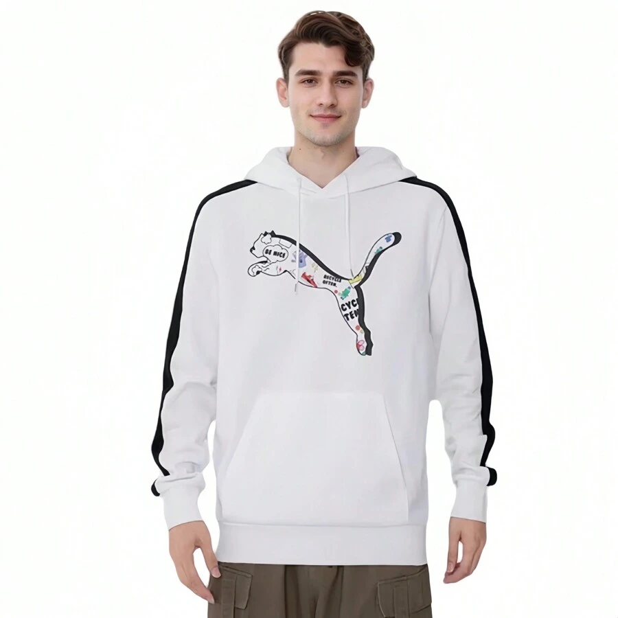 Puma 100% 纯棉连帽印花针织透气宽松运动服，舒适户外健身跑步休闲连帽衫情侣套装 - 白色 - 查看 1