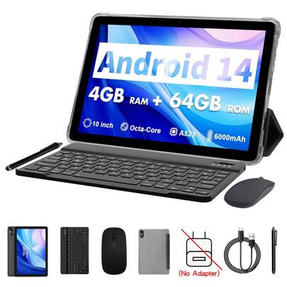 Android 14 Tablet,8-Core 2.0Ghz,4GB(4gb+4gb Expand)RAM,64GB Rom,A523 Tablet,10.1 Inch 1280*800 Ips Screen,6000mah,5G WIFI,WIFI 6,BT 5.2,2MP+8MP Camera With Free Leather Case, Keyboard ,Mouse, Stylus(No Adapter)