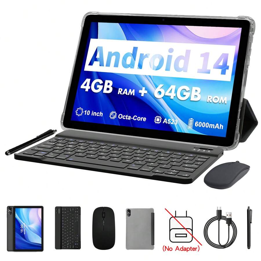 Máy tính bảng Android 14, 8 nhân 2.0Ghz, RAM 4GB (4gb+4gb mở rộng), Rom 64GB, Máy tính bảng A523, Màn hình IPS 10,1 inch 1280*800, 6000mah, WIFI 5G, WIFI 6, BT 5.2, Camera 2MP+8MP kèm bao da, bàn phím, chuột, bút cảm ứng (không có bộ chuyển đổi) - Xám - Xem 1