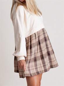 Women Autumn Short T-Shirt Dress Long Sleeve Round Neck Plaid Print Patchwork Dress - 卡其色 - 查看 5